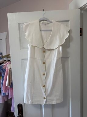 English Factory White Mini Dress with Scalloped Collar and Gold Buttons